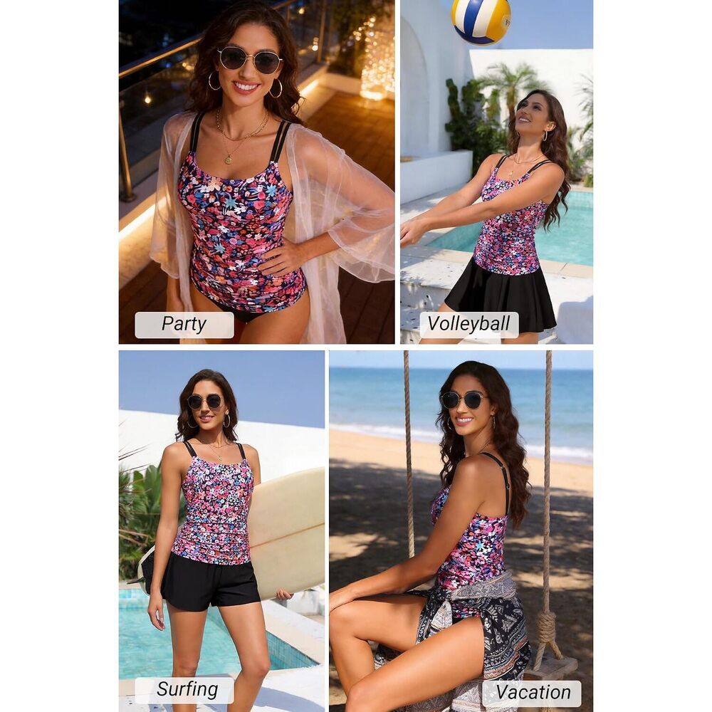 Pink Flower Tummy Control Tankini Top for Women - Ruched Slimming Swim Top Only - Picture 4 of 6